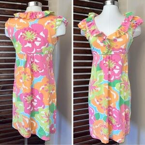 LILLY PULITZER Pink Green White Orange Blue Floral Sleeveless Ruffle Dress - M